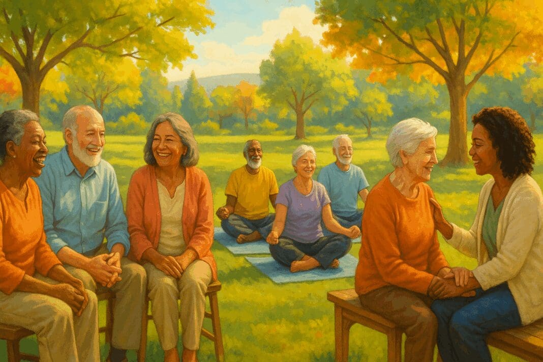 Older adults of diverse backgrounds participating in outdoor yoga, group discussion, and one-on-one counseling to support senior mental health.