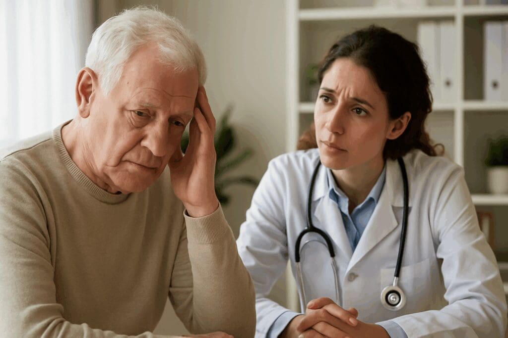 Concerned elderly man discussing senior mental health with a compassionate doctor in a calm medical office setting.

