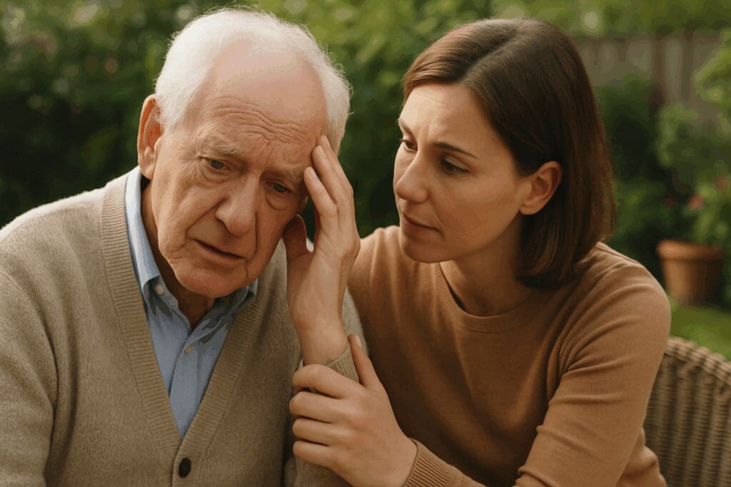 Older man with early-stage dementia being comforted by a younger woman in a garden, illustrating senior mental health support and emotional connection.

