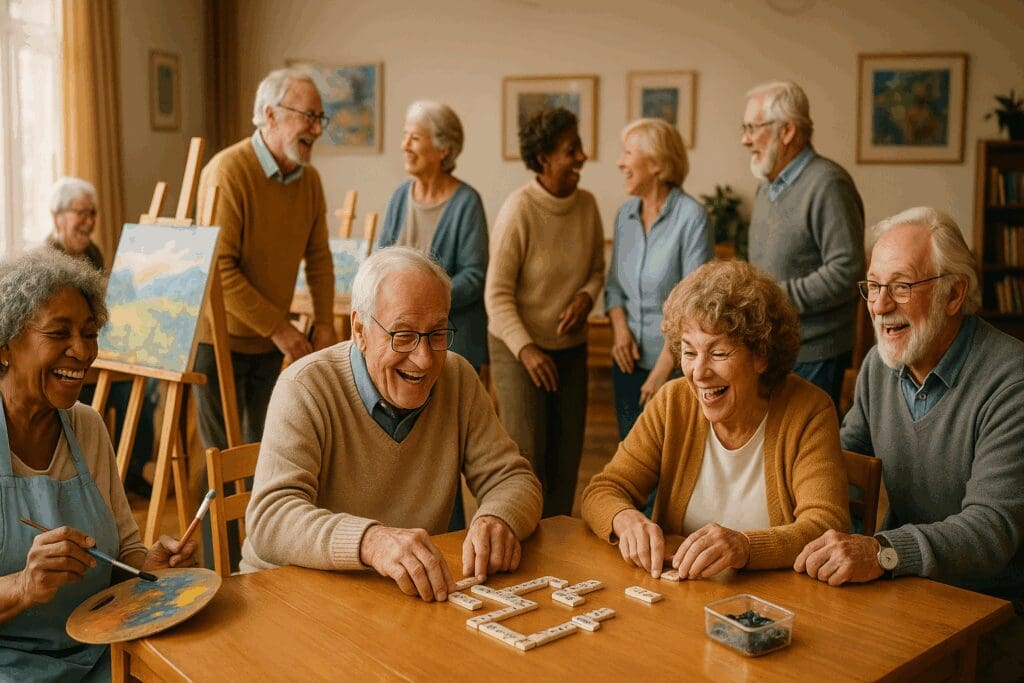 Older adults laughing and socializing at a community center while painting and playing games, promoting senior mental health through connection.

