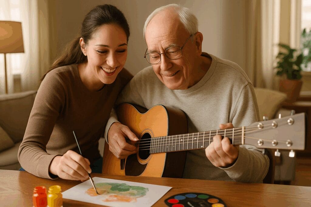 Caregiver and elderly man bonding over painting and guitar in a cozy home, supporting senior mental health through creative expression.

