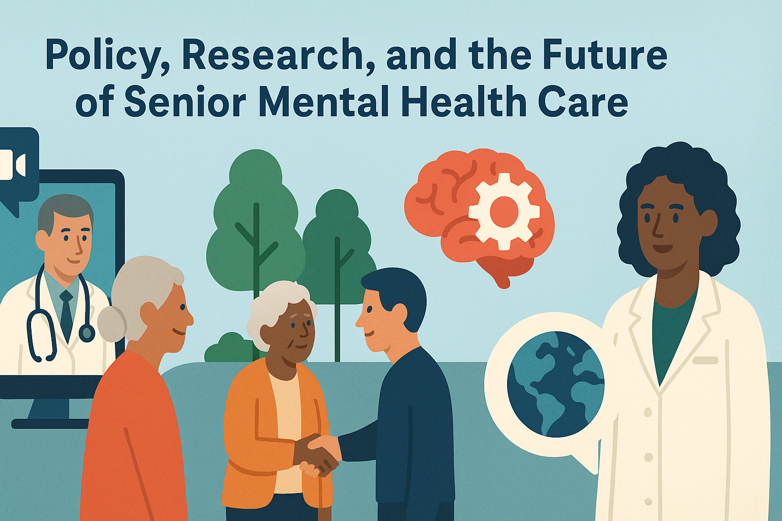 Illustrated infographic showing strategies for improving senior mental health, including telehealth, community support, brain research, and cultural care.

