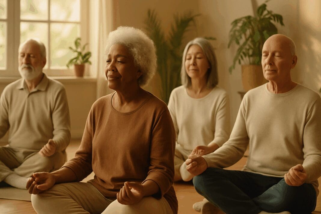 Diverse group of seniors meditating in a sunlit wellness room during a community session focused on treatment for anxiety disorder and depression