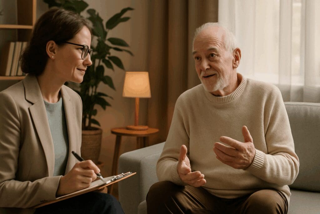 Elderly man speaking with therapist in cozy office during treatment for anxiety disorder and depression