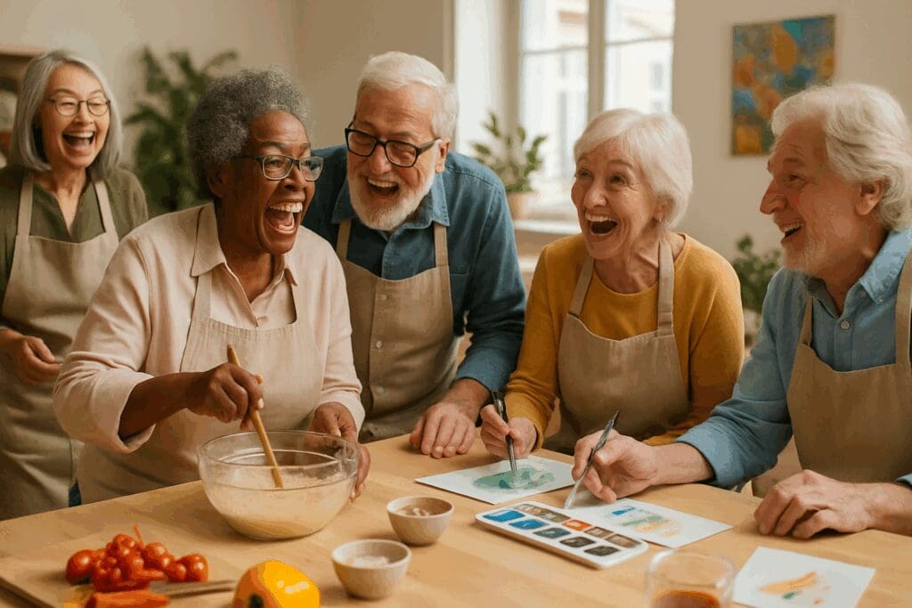 Older adults smiling and interacting during a community cooking and painting workshop, supporting treatment for anxiety disorder and depression.

