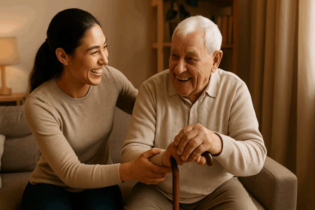Caregiver supporting an elderly man at home, illustrating compassionate treatment for anxiety disorder and depression.

