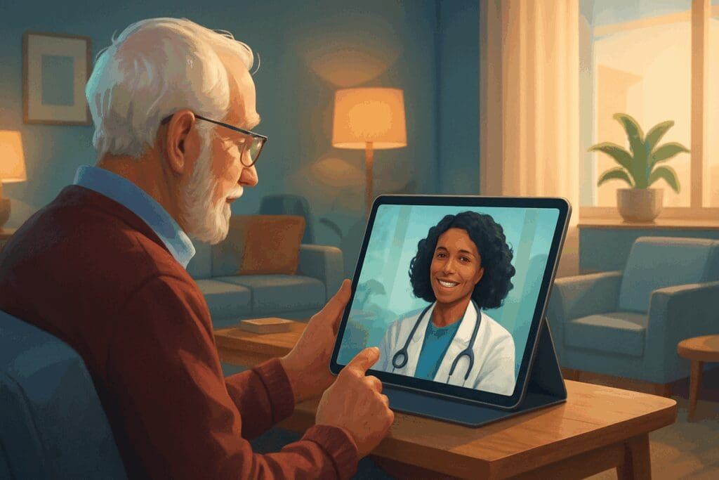 Elderly man using telehealth on a tablet to receive treatment for anxiety disorder and depression from a smiling doctor in a cozy living room.

