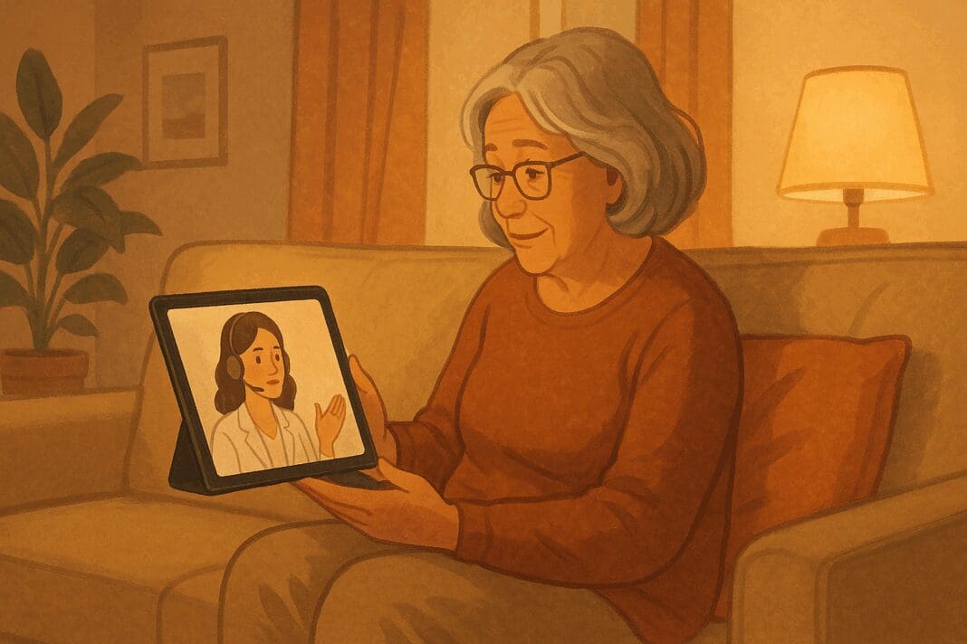 Senior woman sitting on a cozy couch using a tablet for a free online therapy session at home, with warm lighting and a supportive atmosphere.