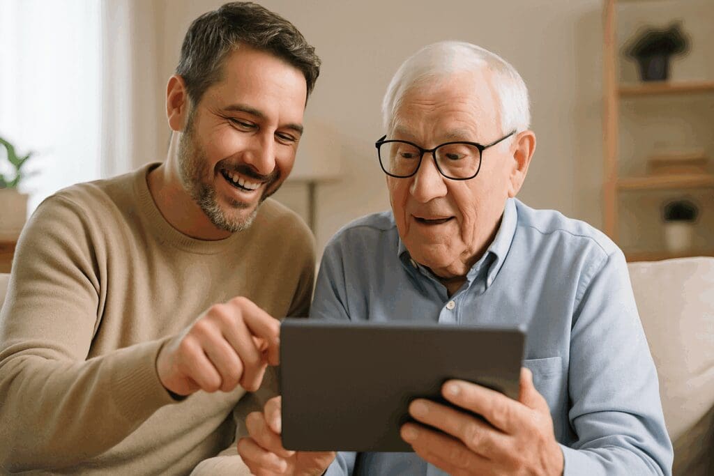 Middle-aged man helping elderly parent set up a tablet for a free online therapy session, showing intergenerational digital support.

