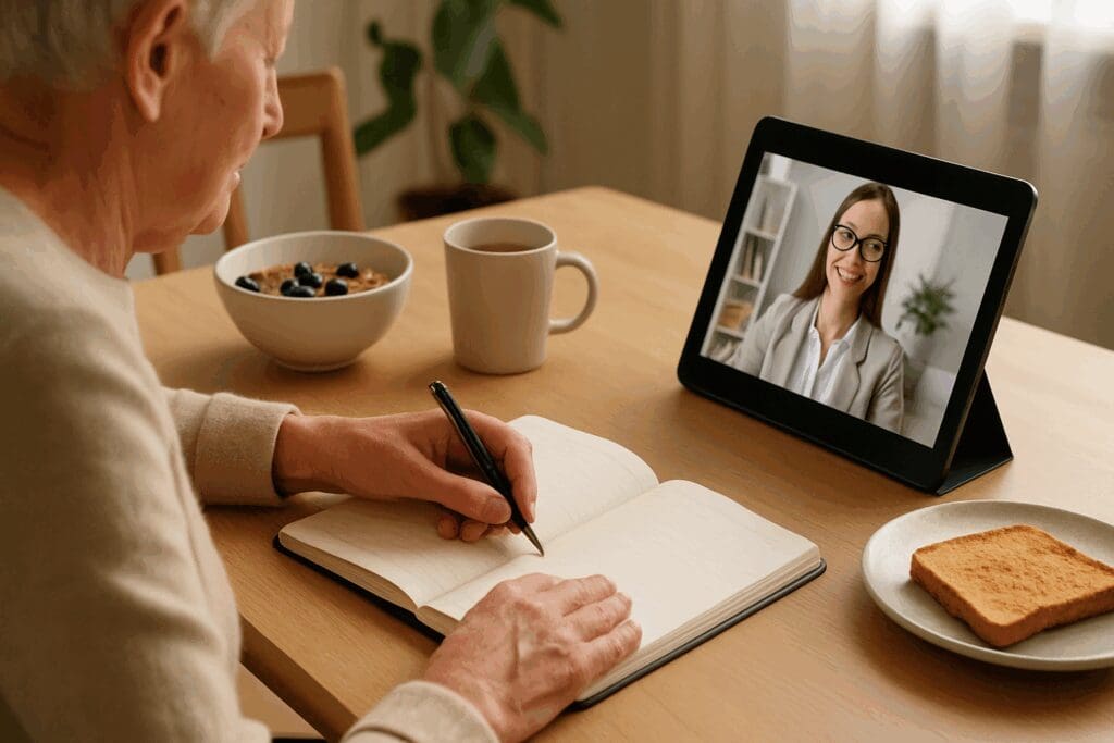 Senior journaling at a breakfast table with a tablet nearby showing a therapist ready for a free online therapy session.

