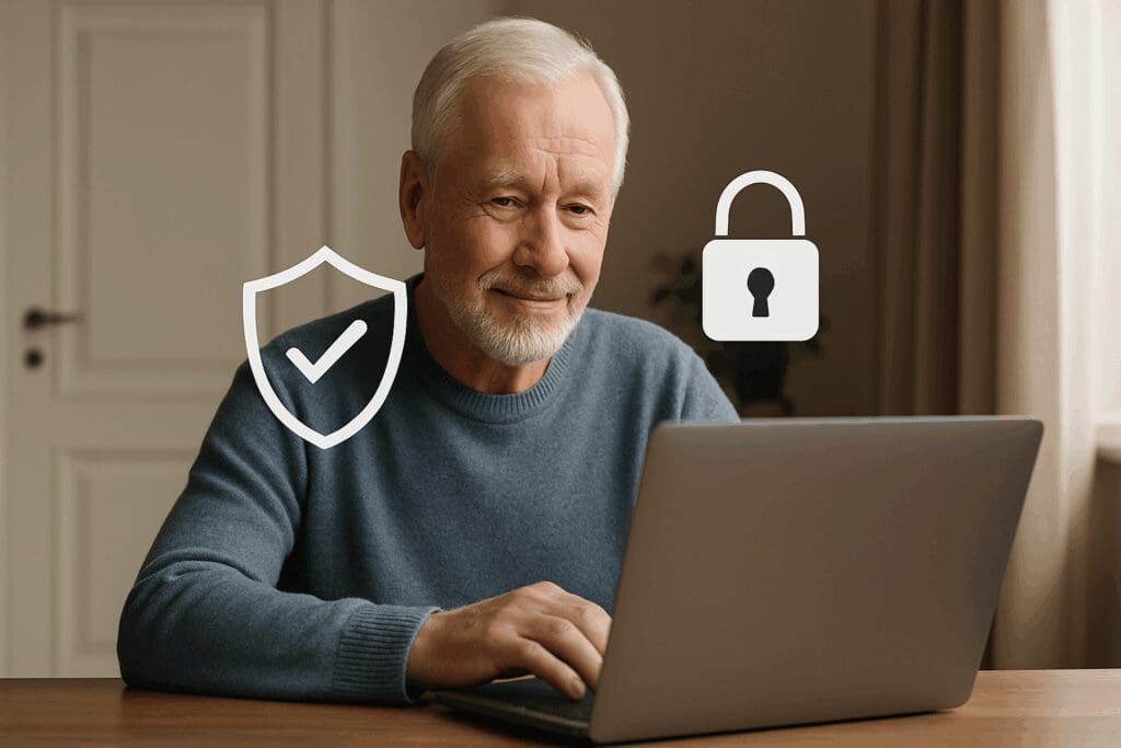 Senior man smiling while using laptop at home, highlighting security and privacy benefits of free online therapy services.

