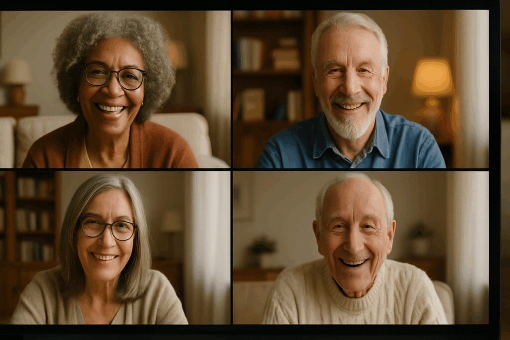 Seniors smiling warmly during a group video call from their homes, connected through free online therapy for emotional support and community.

