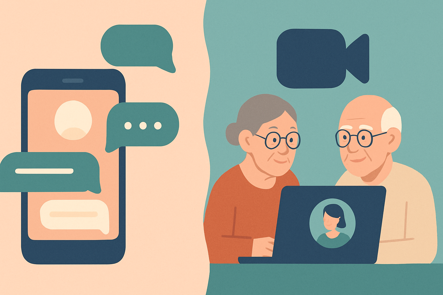 Seniors choosing between text messaging and video chat for free online therapy, shown in a soft split-screen illustration without text.

