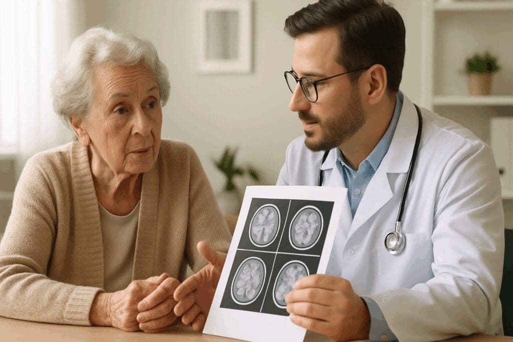 Senior woman consulting a geriatric psychiatrist near me about brain scan results in a calm medical office setting.

