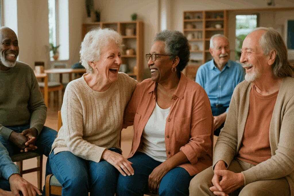 Older adults smiling and engaging in a community support group session, fostering connection and belonging, with a focus on geriatric psychiatrist near me.

