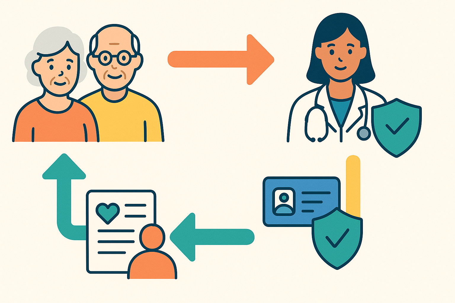 Colorful infographic showing healthcare pathways for seniors with arrows linking patients, doctors, insurance, and support services, relevant to finding a geriatric psychiatrist near me