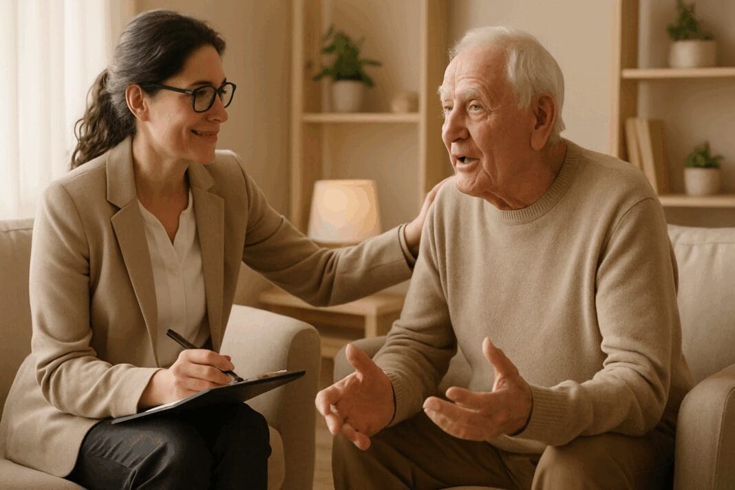 Warm geriatric counselor near me engaging with a relaxed elderly man during a cozy therapy session in a sunlit, welcoming room.