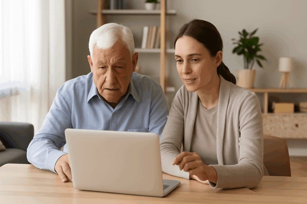 Senior man sitting with a caregiver at a desk, searching on a laptop for a geriatric counselor near me in a calm home setting.