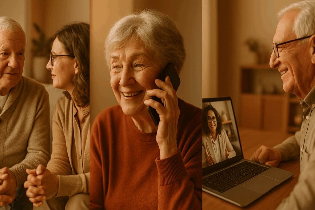 Seniors evaluating therapy options with a geriatric counselor near me through in-person, phone, and telehealth sessions in a warm setting.