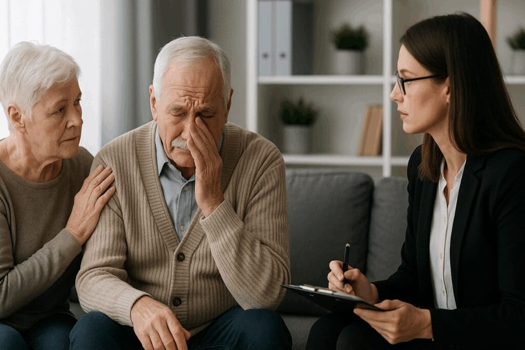 Elderly couple in emotional counseling session with a compassionate geriatric counselor near me, offering supportive therapy for aging-related issues.