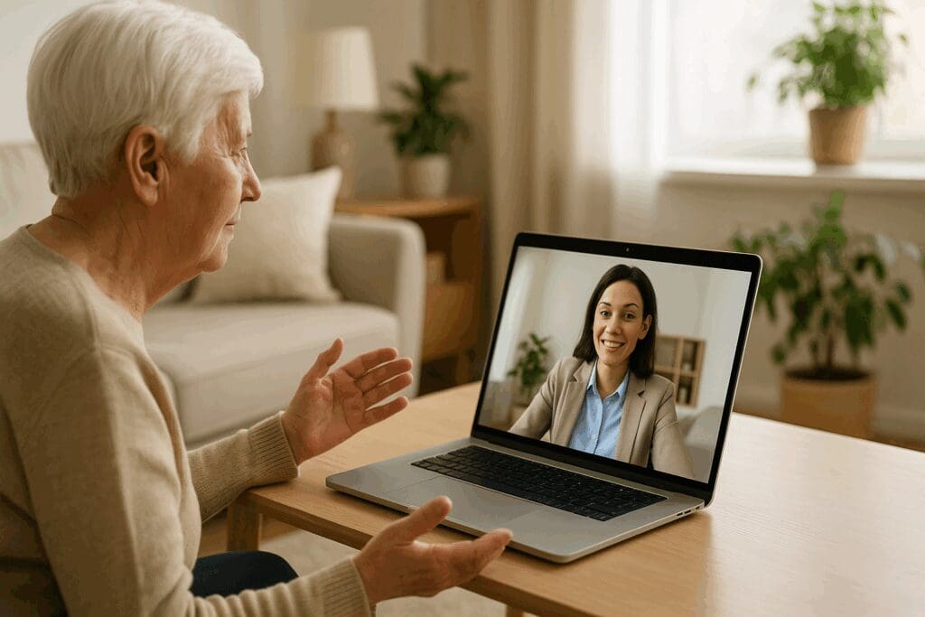 Elderly woman video chatting from home with a geriatric counselor near me on a laptop, surrounded by cozy, sunlit living room decor.