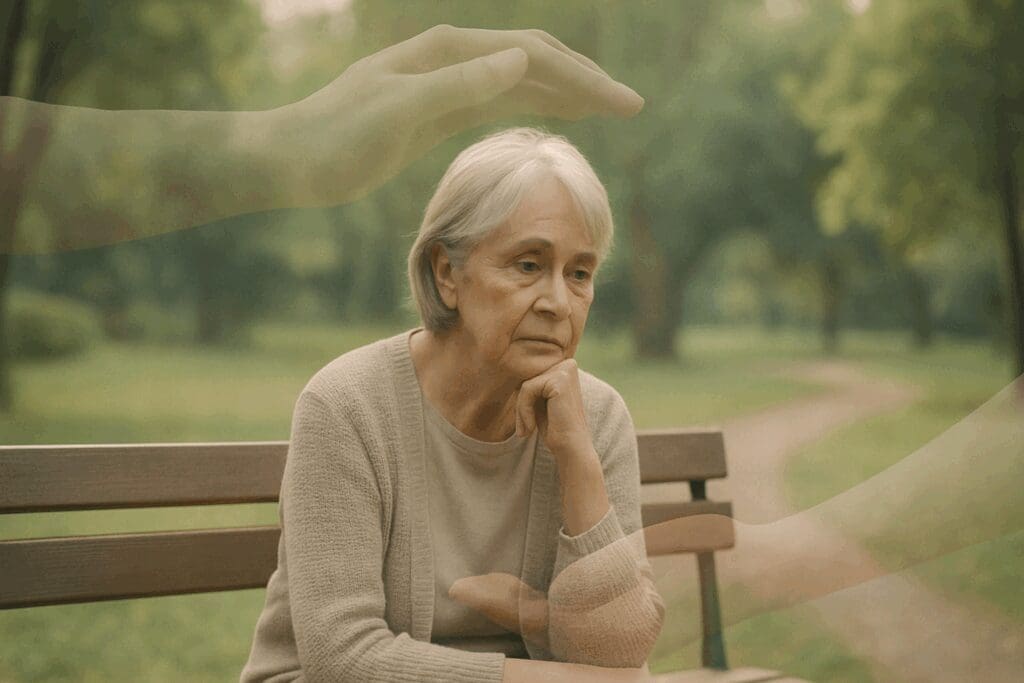 Elderly woman sitting thoughtfully on a park bench, surrounded by gentle, supportive hands, symbolizing emotional care from a geriatric counselor near me