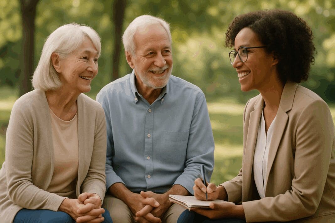 Elderly man and woman smiling while talking with a counselor outdoors, illustrating support from free mental health services near me.