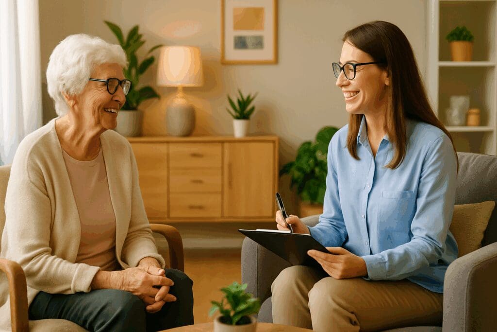 Elderly woman receiving supportive counseling from a smiling therapist in a cozy setting, illustrating free mental health services near me.

