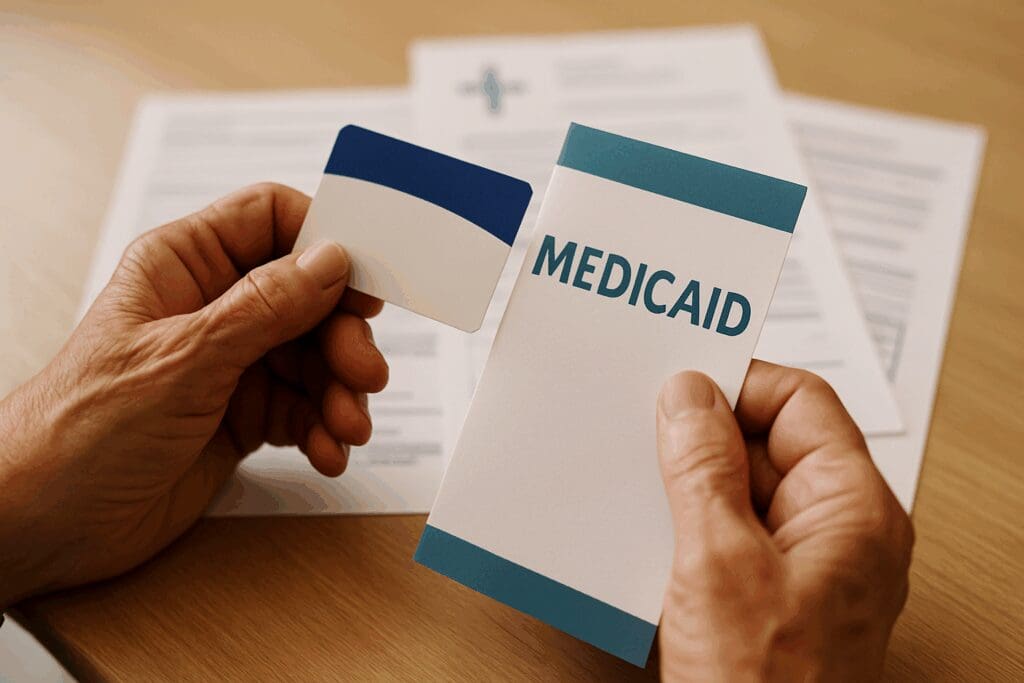 Senior hands holding a Medicare card and Medicaid brochure to access free mental health services near me, with medical documents blurred in the background.

