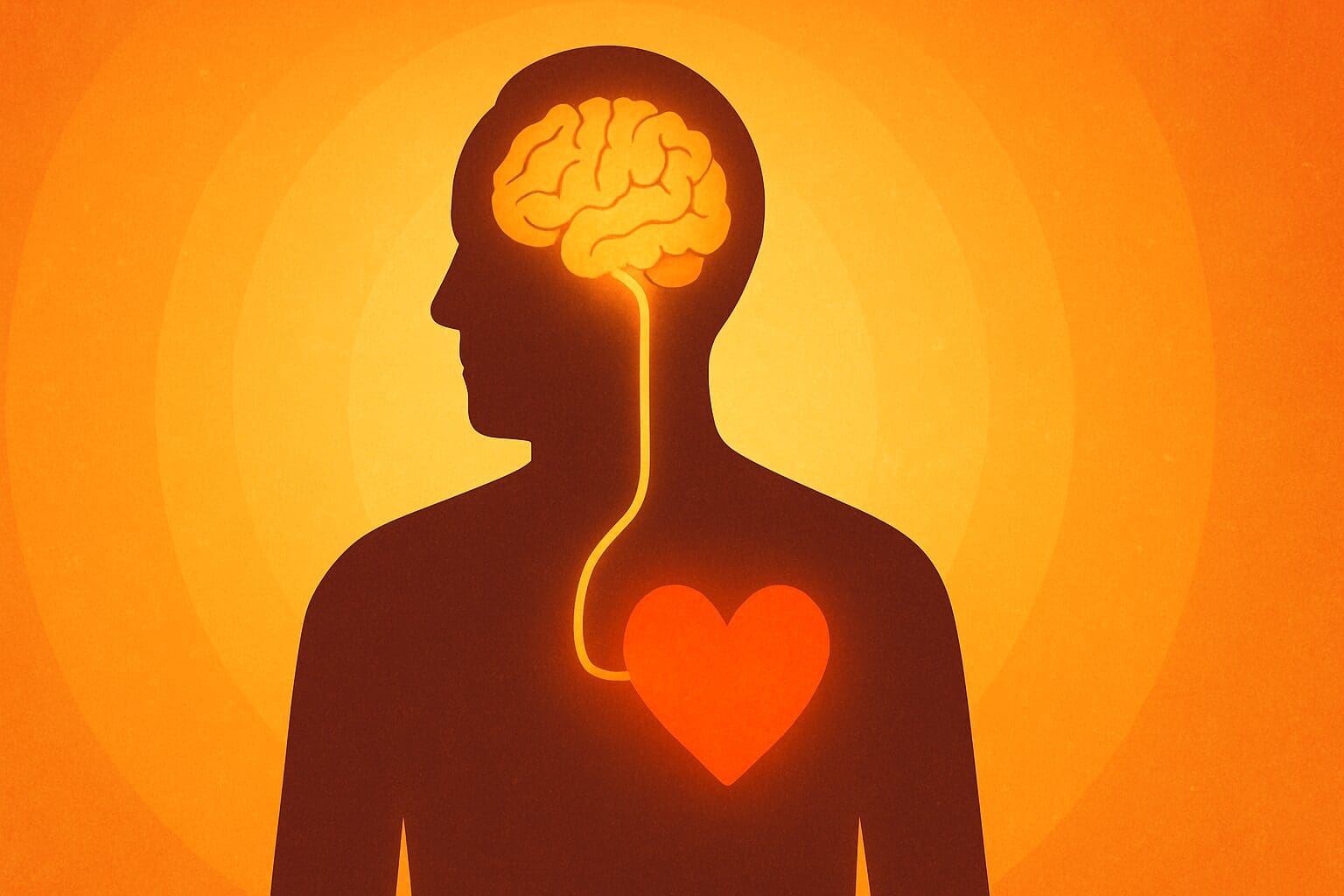 Silhouette of a senior with glowing brain and heart connected by a golden pathway, symbolizing holistic care in free mental health services near me.