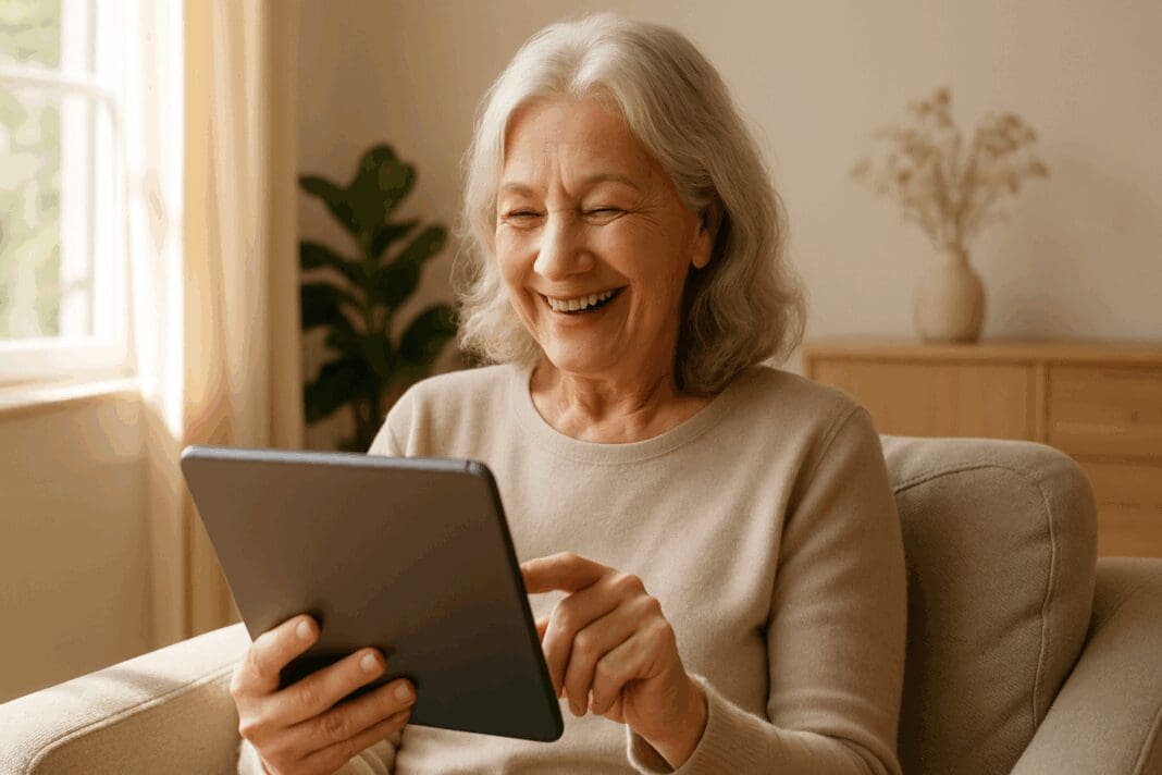Smiling senior woman using a tablet in a sunlit living room, symbolizing empowerment and connection while learning how to get free therapy online.