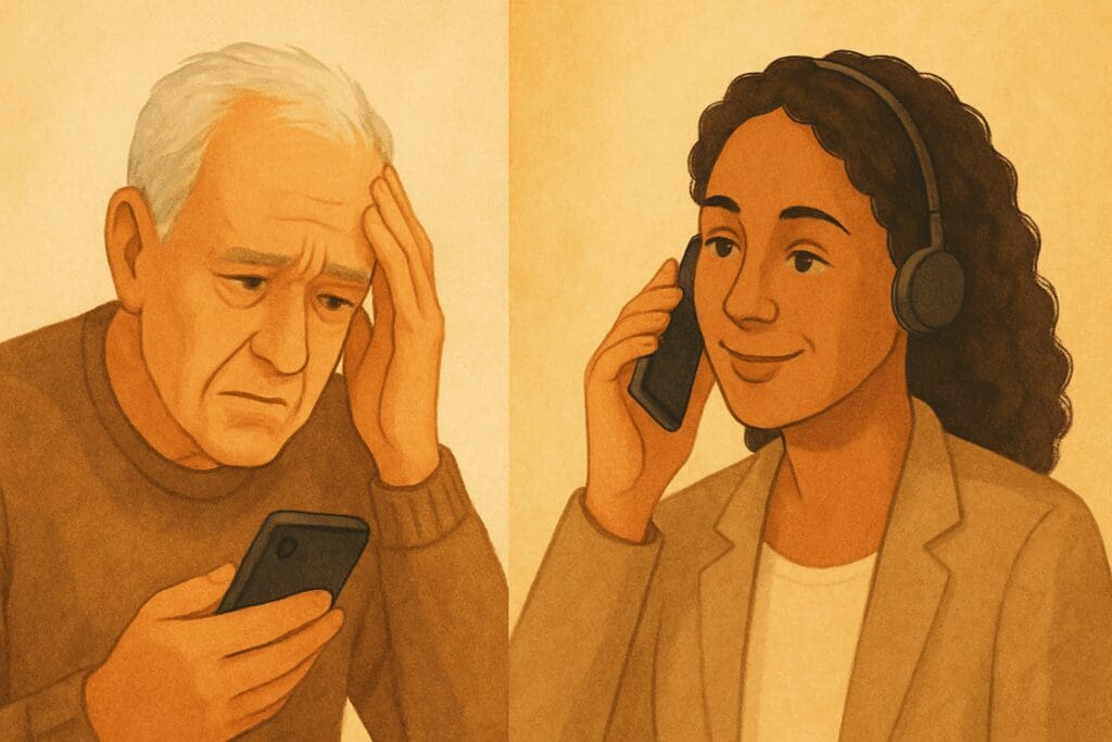 Split-screen illustration showing what happens when you call a depression hotline—anxious senior man feeling calmer after speaking with a supportive counselor.