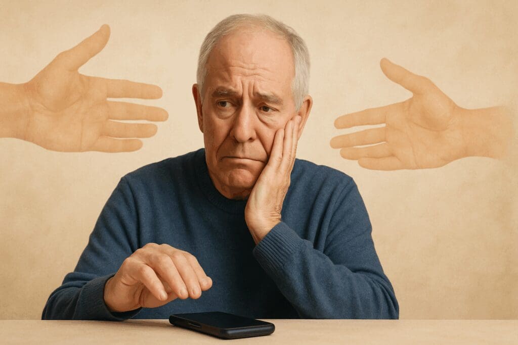 Senior man hesitating to pick up a phone, symbolizing fear and uncertainty about what happens when you call a depression hotline
