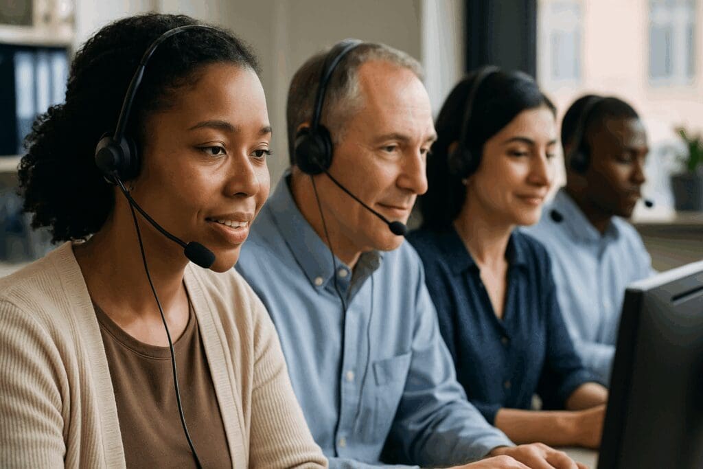 Diverse mental health professionals wearing headsets assist callers at a crisis center, showing what happens when you call a depression hotline