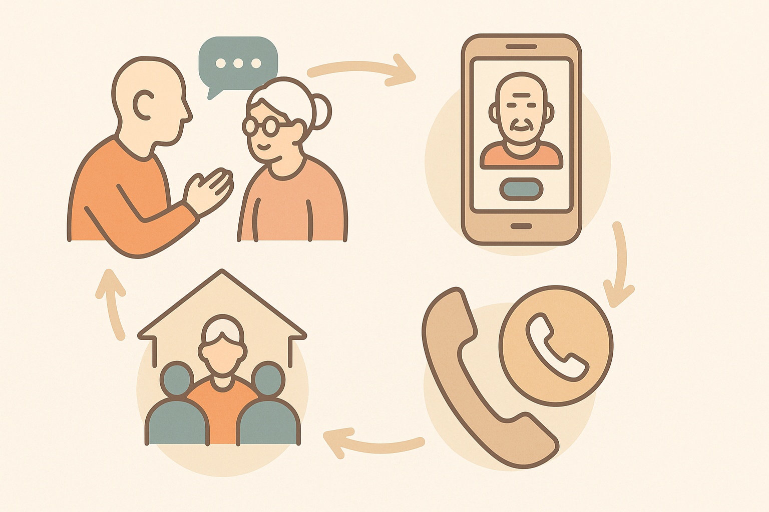 Infographic showing what happens when you call a depression hotline with icons for peer support, mobile apps, hotline access, and community outreach in a circular flow