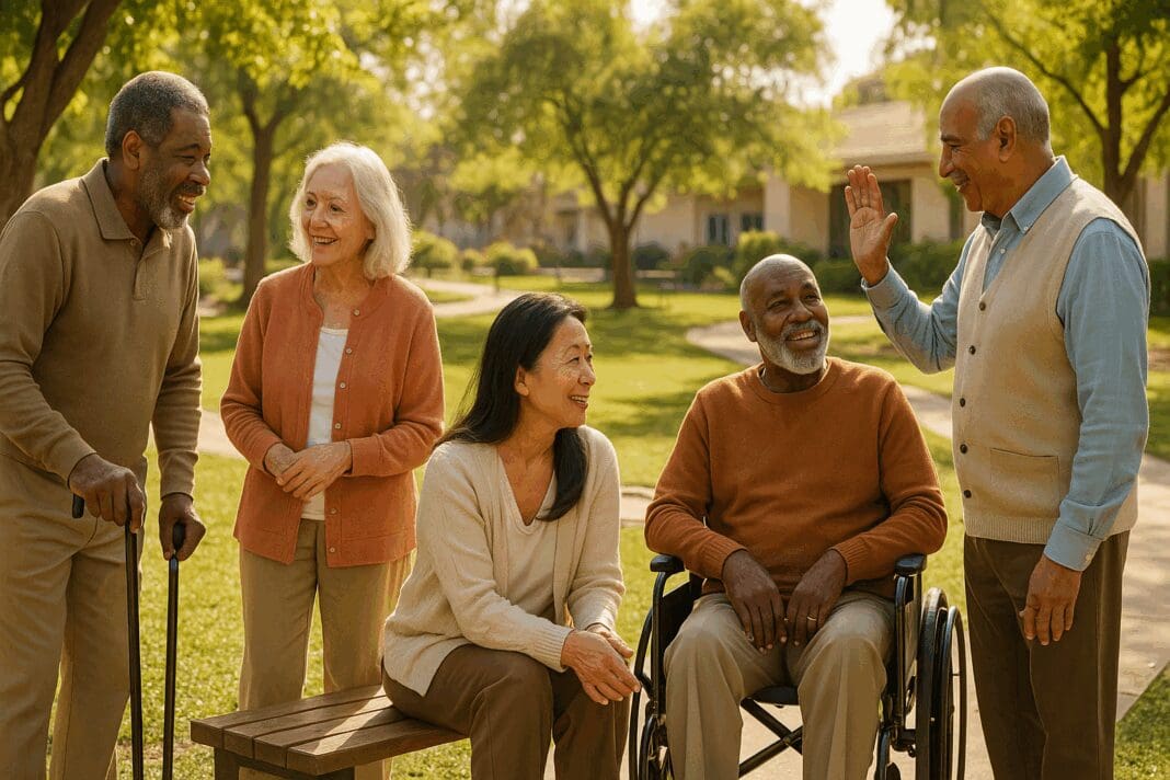 Diverse seniors chatting and engaging in wellness activities at a sunny park supported by the department of mental health