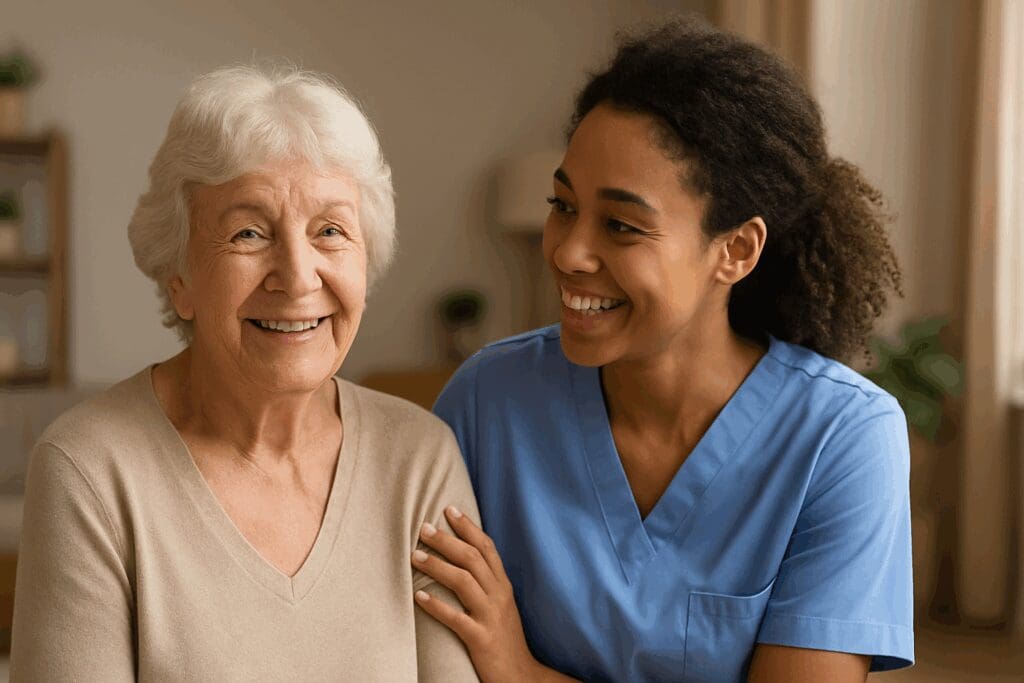 Elderly woman smiling with a supportive caregiver during a department of mental health community check-in at home

