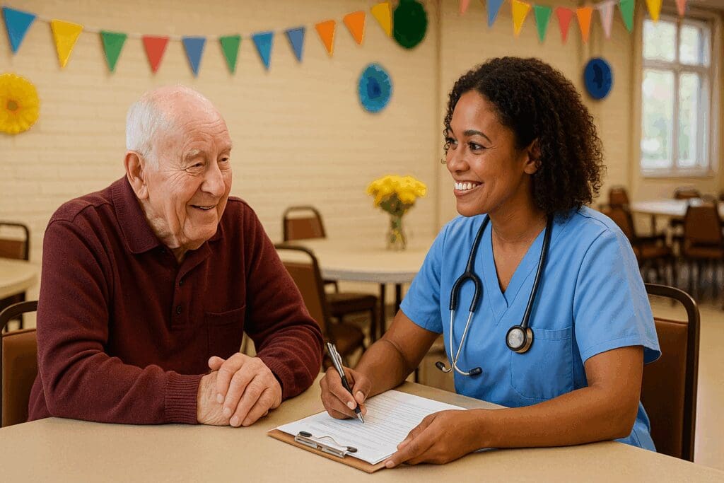 Senior man smiling during a mental health screening with a nurse at a cheerful senior center event, supported by the department of mental health.

