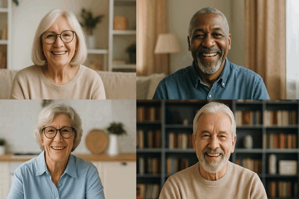 Smiling seniors in a virtual group therapy session at home, supported by the department of mental health to reduce social isolation.

