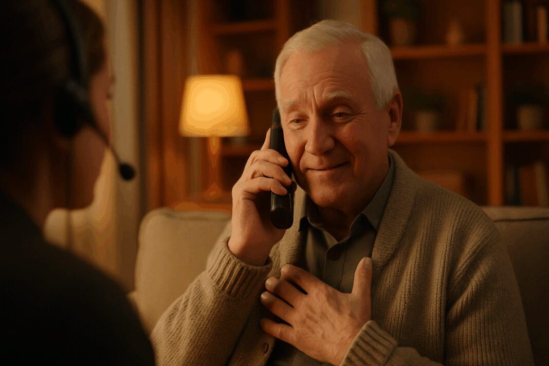Senior man looks relieved while talking to a crisis counselor on the phone, illustrating what happens when you call a depression hotline.