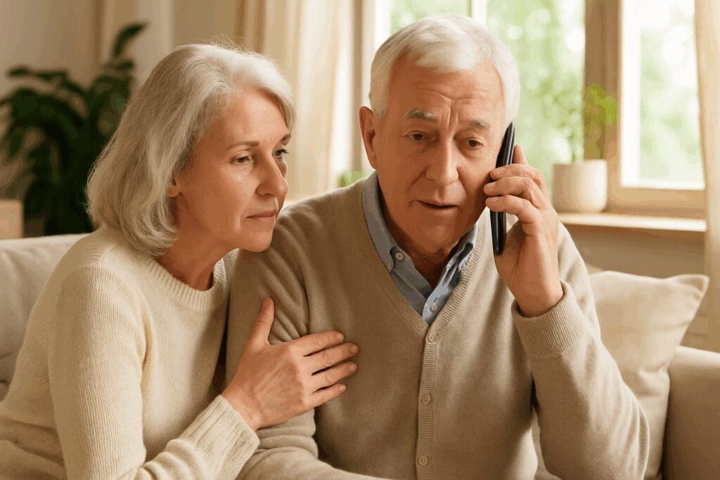 Senior couple offering emotional support as one calmly calls for help, showing what happens when you call a depression hotline.