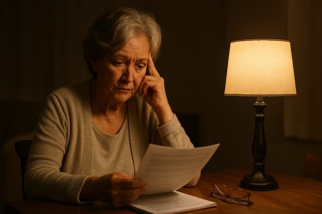 An elderly woman with silver-gray hair sits at a wooden table under warm indoor lighting, thoughtfully reading a document. The calm setting and her focused demeanor visually reinforce the importance of understanding AARP Medicare insurance plans and their benefits for senior health planning.
