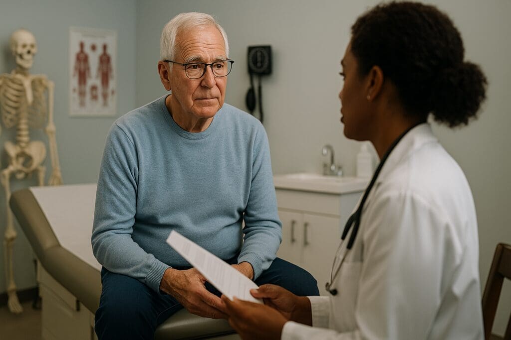 An elderly man sits on an exam table, engaged in a focused discussion with a female doctor in a clinical setting with neutral lighting. Their attentive interaction highlights the personalized care and guidance AARP Medicare insurance plans aim to provide for seniors navigating healthcare decisions.
