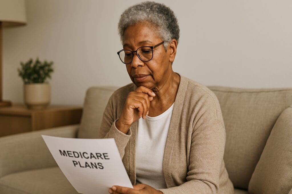 An older African American woman sits on a beige sofa in a softly lit living room, carefully reviewing a document titled “MEDICARE PLANS.” Her calm yet focused expression reflects the importance of understanding the benefits offered by AARP Medicare insurance plans to enhance senior health and peace of mind.