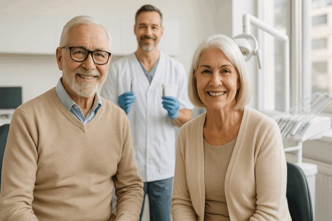 Smiling senior couple at a dental office with dentist in background, illustrating Dental Implants Covered by Medicare.