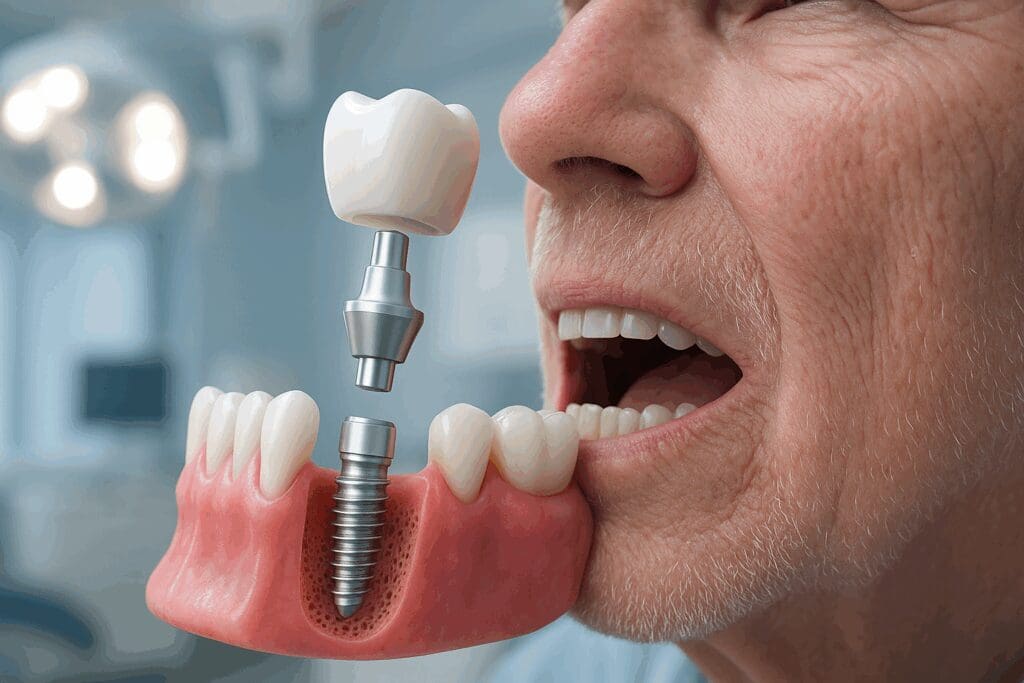 Dental Implants Covered by Medicare shown as a 3D rendering of a titanium implant placed in a senior patient’s jaw in a clinical setting.