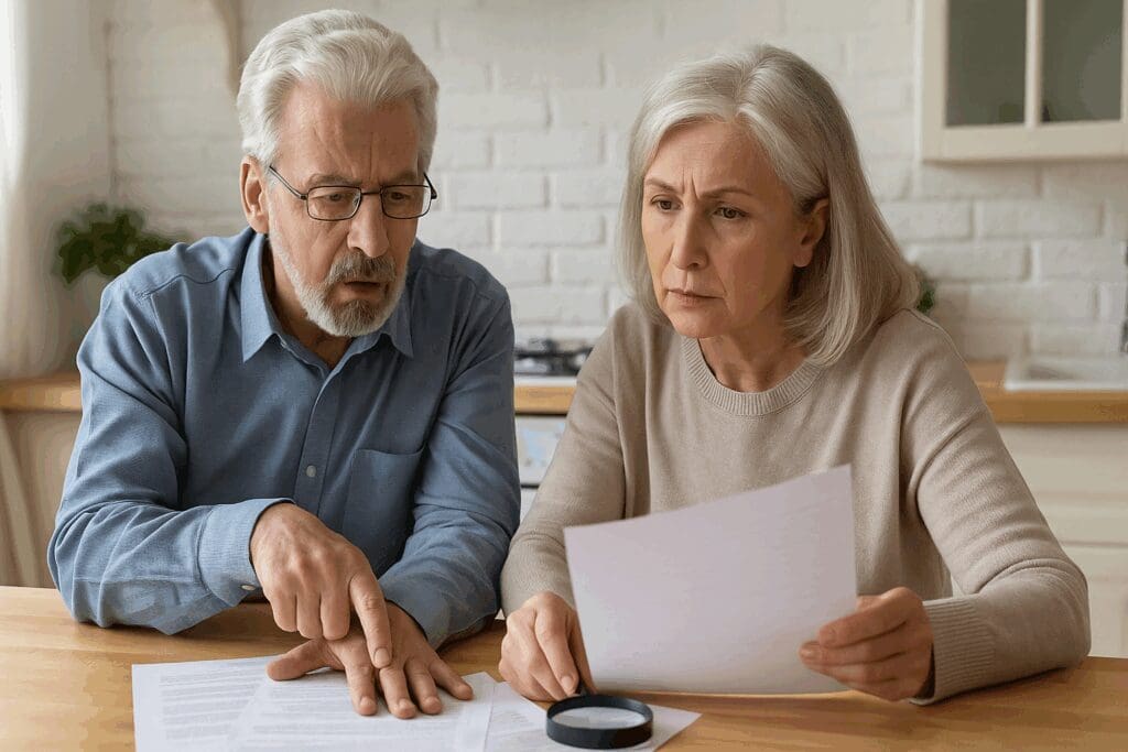 Senior couple reviewing health insurance papers at kitchen table, symbolizing confusion about Dental Implants Covered by Medicare.