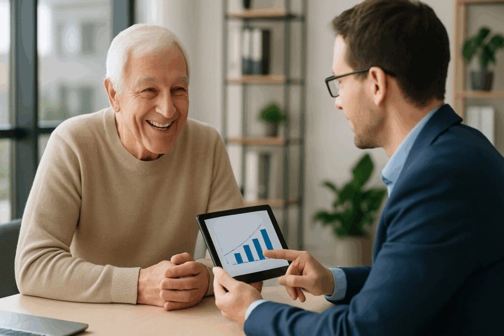 Cheerful senior discussing financial options with an advisor on a tablet, planning for dental implants covered by Medicare.