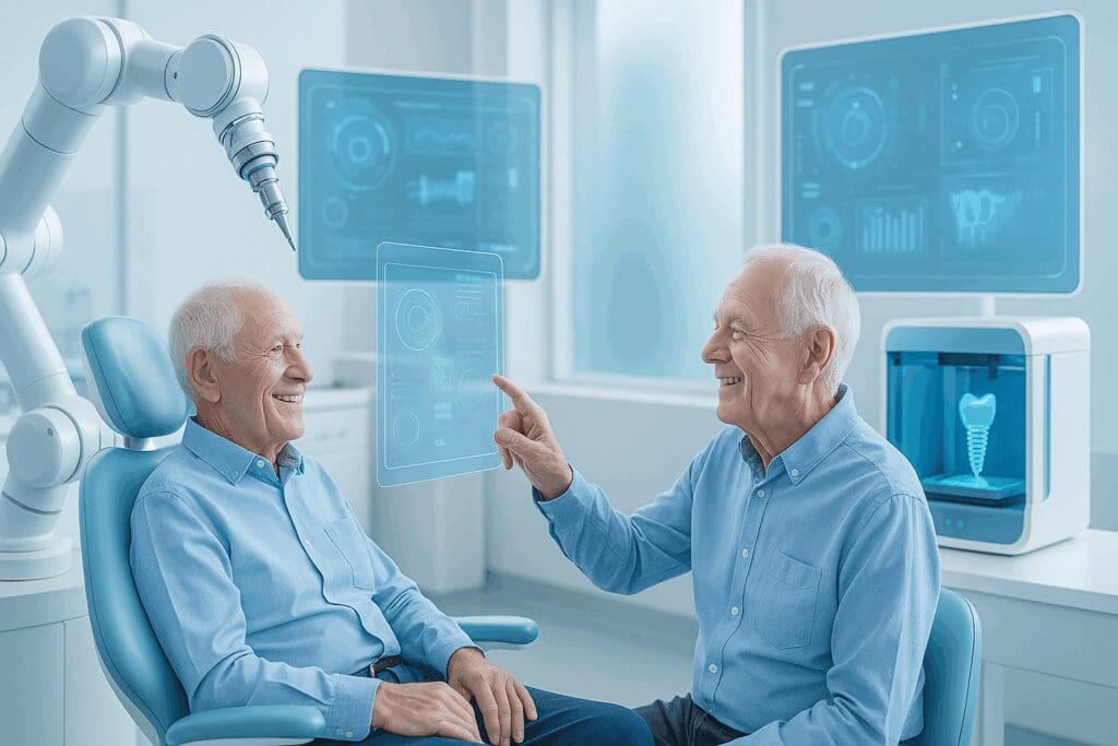Senior man in a high-tech dental office exploring robotic tools and 3D printing technology for Dental Implants Covered by Medicare.