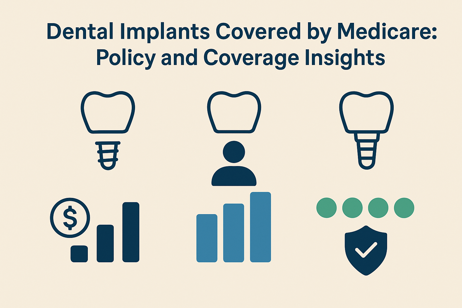 Infographic comparing dental implants covered by Medicare across Traditional Medicare, Medicare Advantage, and supplemental plans using visual icons for cost, eligibility, and coverage scope.